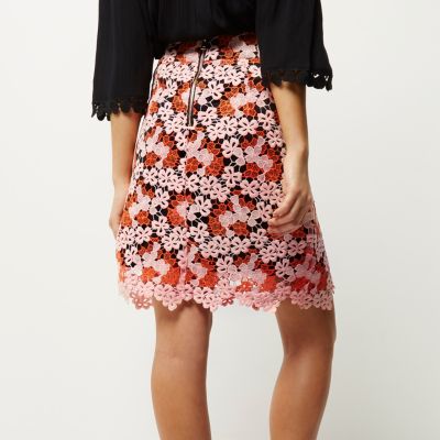 Orange lace A-line skirt